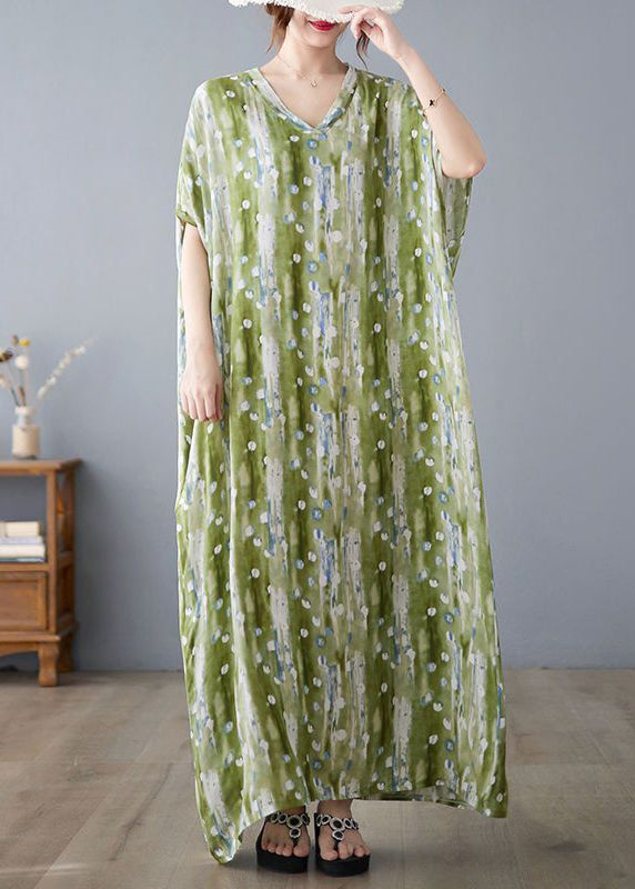 Casual Green V Neck Print Linen Long Dress Summer LY0915