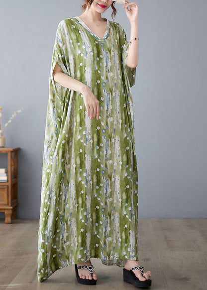 Casual Green V Neck Print Linen Long Dress Summer LY0915