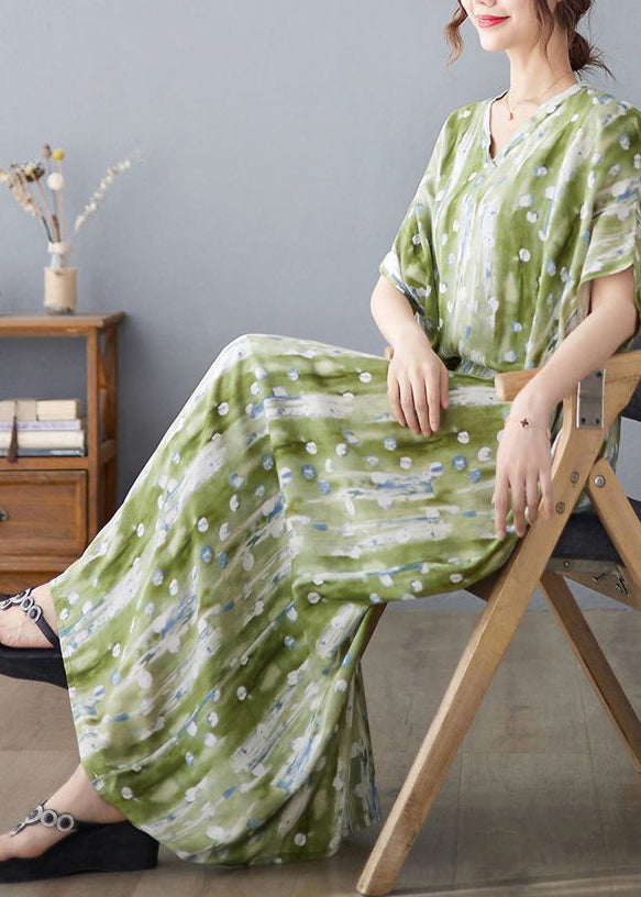 Casual Green V Neck Print Linen Long Dress Summer LY0915