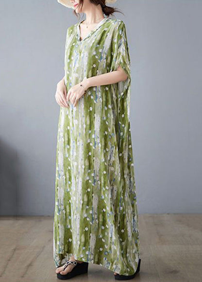 Casual Green V Neck Print Linen Long Dress Summer LY0915