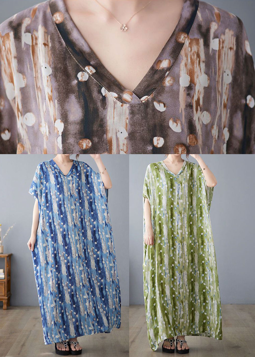 Casual Green V Neck Print Linen Long Dress Summer LY0915