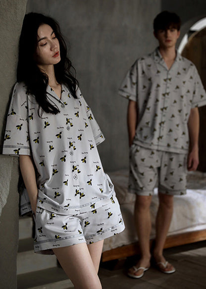 Casual Grey Peter Pan Collar Print Button Cotton Couple Pajamas Two Pieces Set Summer LY1867