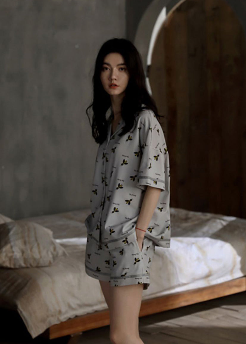 Casual Grey Peter Pan Collar Print Button Cotton Couple Pajamas Two Pieces Set Summer LY1867