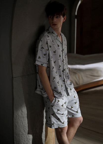 Casual Grey Peter Pan Collar Print Button Cotton Couple Pajamas Two Pieces Set Summer LY1867