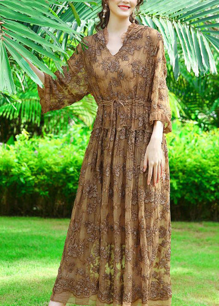 Casual Khaki Hooded Embroideried Silk Cinched Dress Summer LY0685