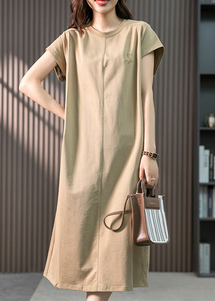 Casual Khaki O-Neck Embroideried Cozy Cotton Maxi Dresses Short Sleeve LY1759