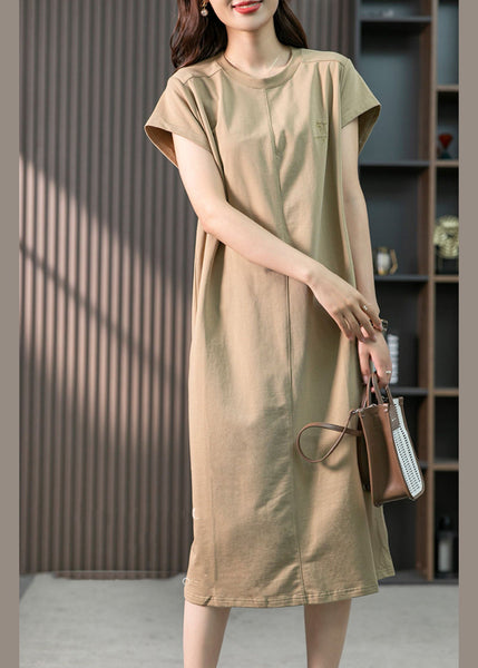 Casual Khaki O-Neck Embroideried Cozy Cotton Maxi Dresses Short Sleeve LY1759