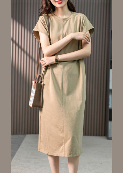 Casual Khaki O-Neck Embroideried Cozy Cotton Maxi Dresses Short Sleeve LY1759