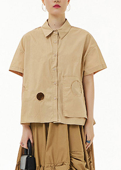 Casual Khaki Peter Pan Collar Button Solid Cotton Shirt Summer LY1225