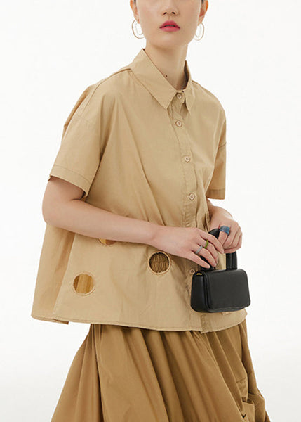 Casual Khaki Peter Pan Collar Button Solid Cotton Shirt Summer LY1225