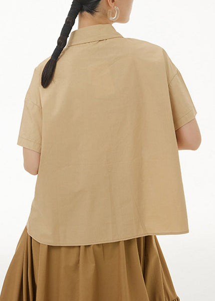 Casual Khaki Peter Pan Collar Button Solid Cotton Shirt Summer LY1225