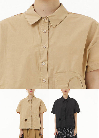 Casual Khaki Peter Pan Collar Button Solid Cotton Shirt Summer LY1225