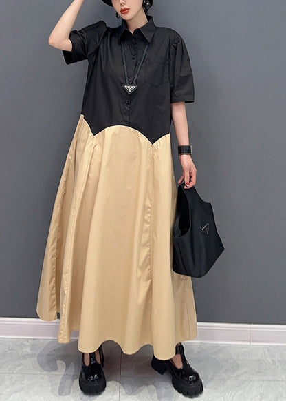 Casual Khaki Peter Pan Collar Patchwork Cotton Maxi Dress  Summer LY0559