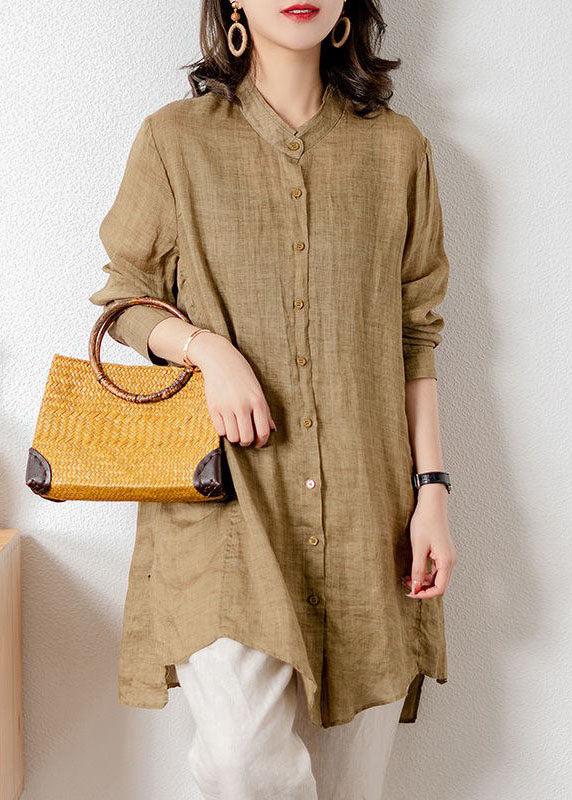 Casual Khaki Stand Collar Patchwork Button Linen Top Spring LY1414