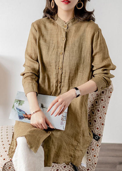 Casual Khaki Stand Collar Patchwork Button Linen Top Spring LY1414