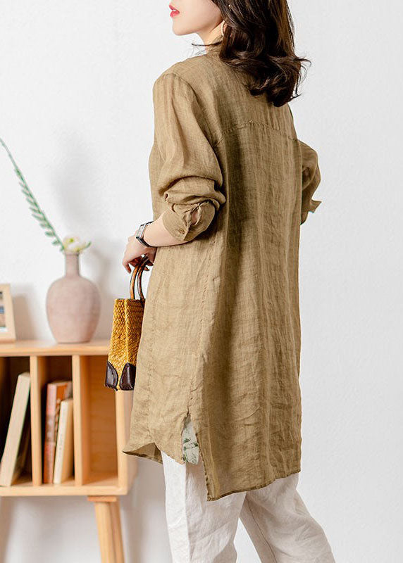 Casual Khaki Stand Collar Patchwork Button Linen Top Spring LY1414