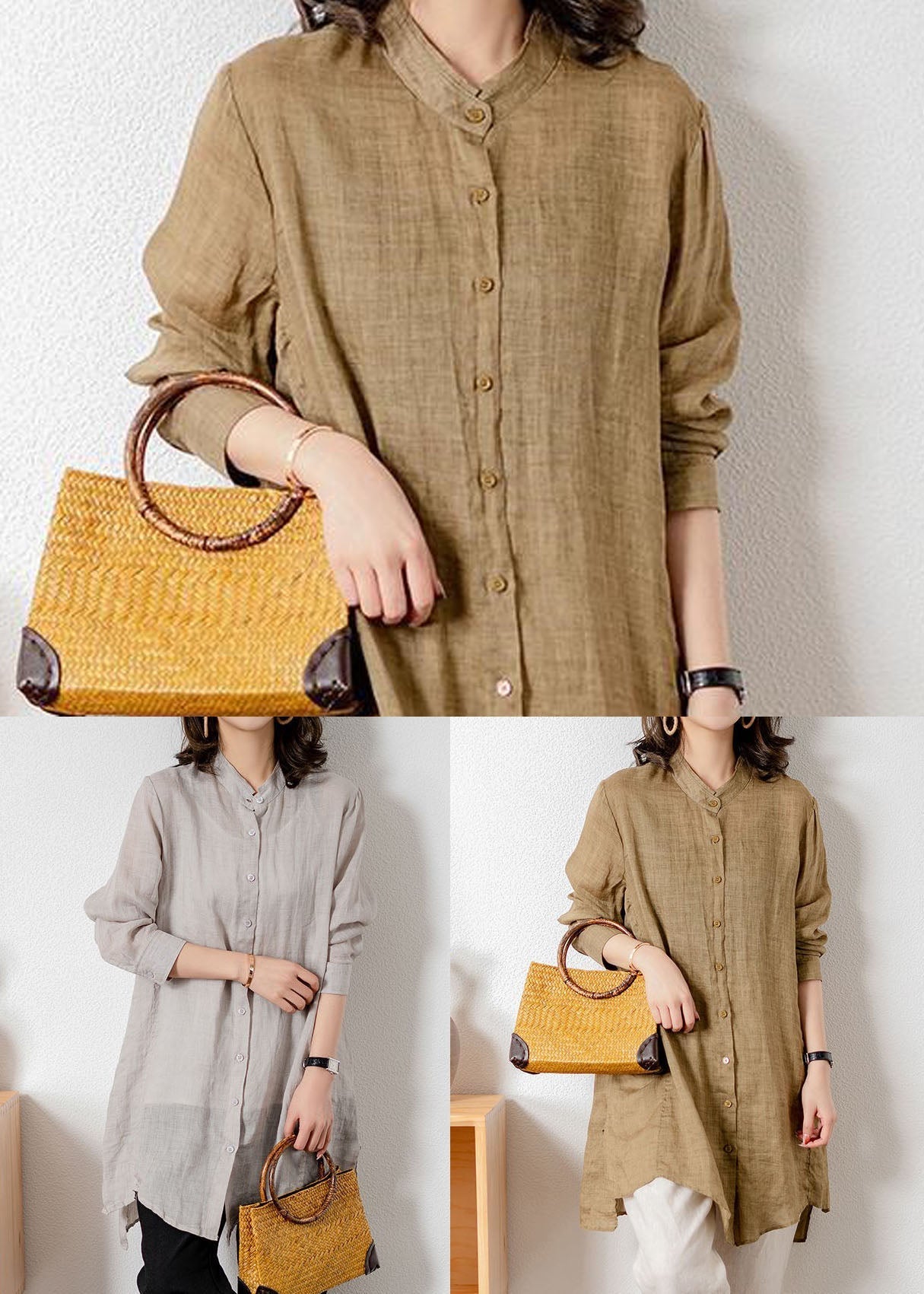 Casual Khaki Stand Collar Patchwork Button Linen Top Spring LY1414