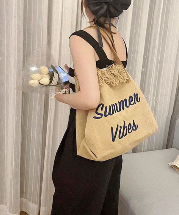 Casual Khaki Tassel Letter Embroidery Canvas Tote Handbag LY1389