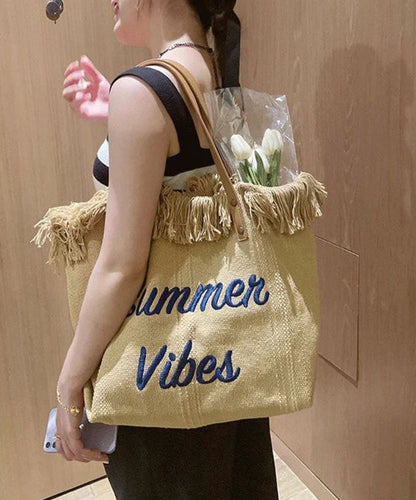 Casual Khaki Tassel Letter Embroidery Canvas Tote Handbag LY1389