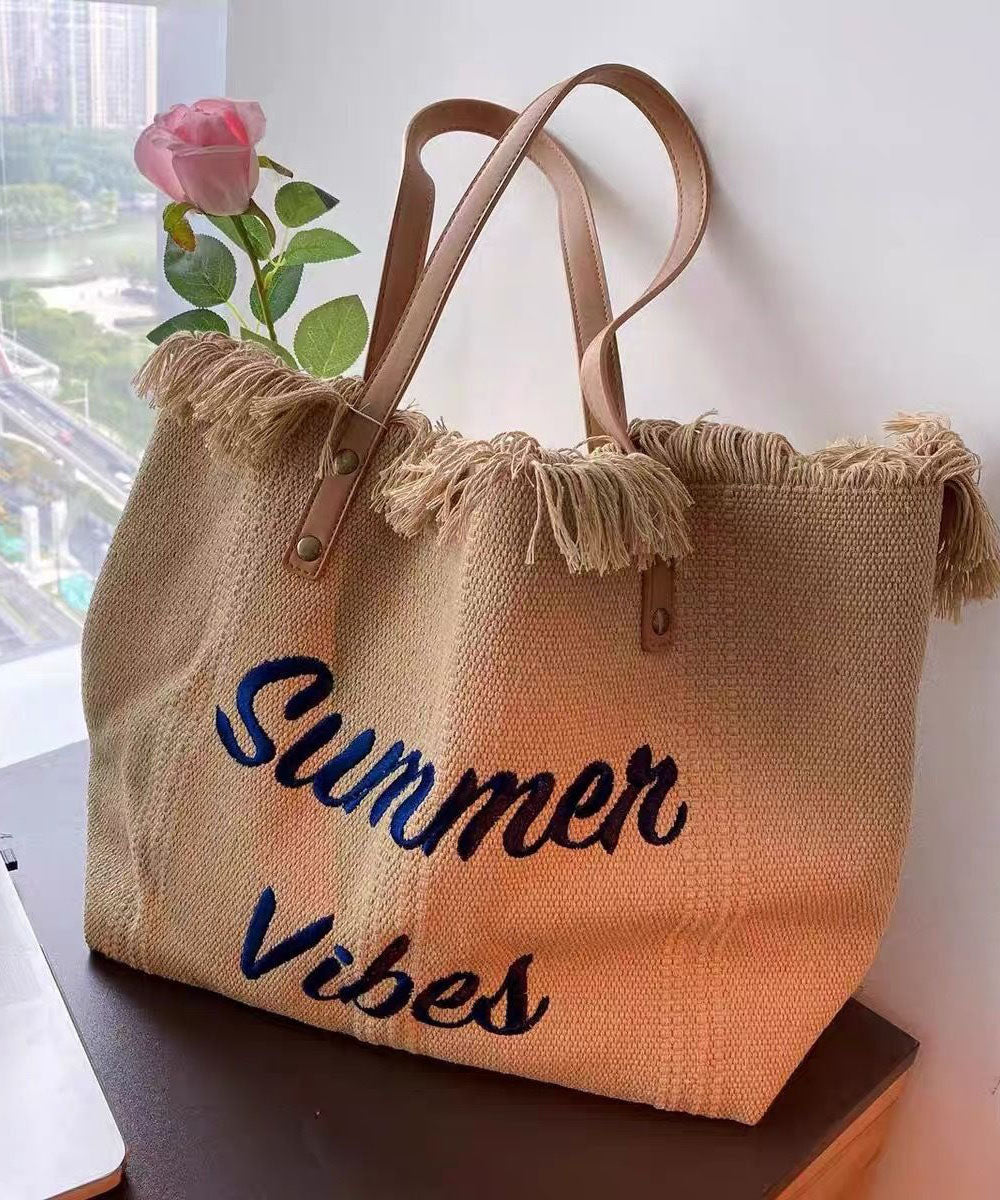 Casual Khaki Tassel Letter Embroidery Canvas Tote Handbag LY1389