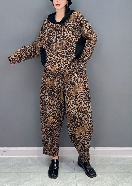 Casual Leopard Hooded Patchwork Cotton Two Pieces Set Spring LY1570