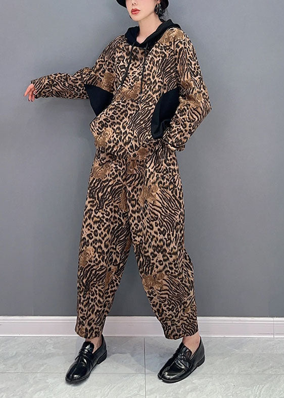 Casual Leopard Hooded Patchwork Cotton Two Pieces Set Spring LY1570