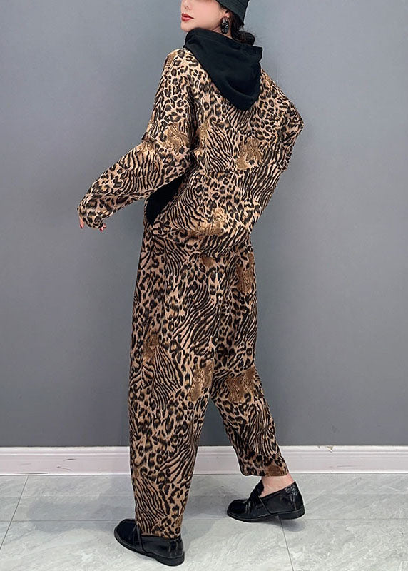 Casual Leopard Hooded Patchwork Cotton Two Pieces Set Spring LY1570