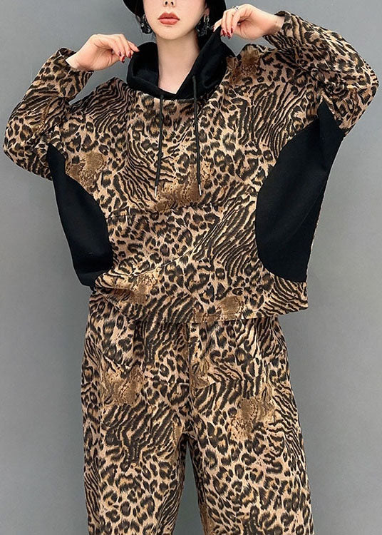 Casual Leopard Hooded Patchwork Cotton Two Pieces Set Spring LY1570