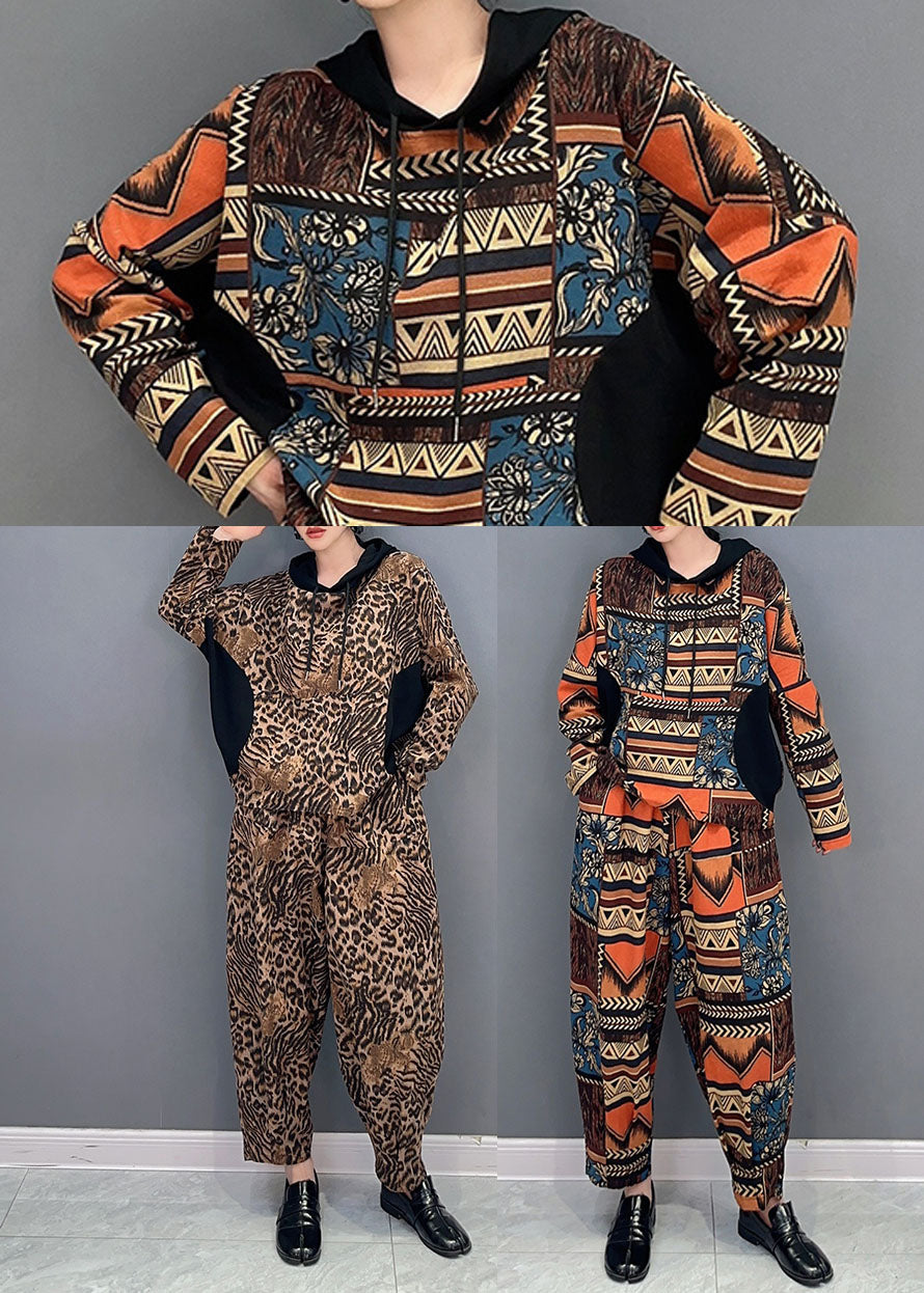 Casual Leopard Hooded Patchwork Cotton Two Pieces Set Spring LY1570