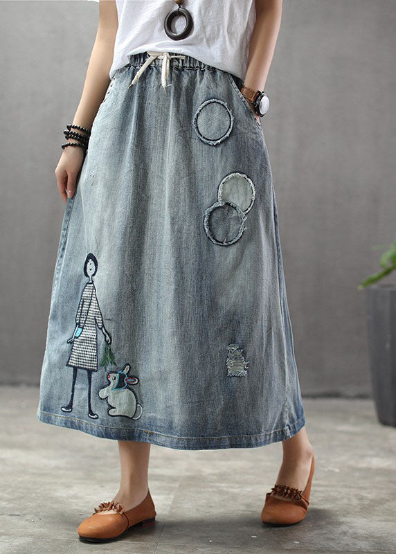 Casual Light Blue Elastic Waist Patchwork Cartoon Embroideried Tulle Denim Skirts Spring TG1012