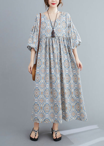 Casual Light Blue Print Wrinkled Long Dresses Lantern Sleeve AC2012