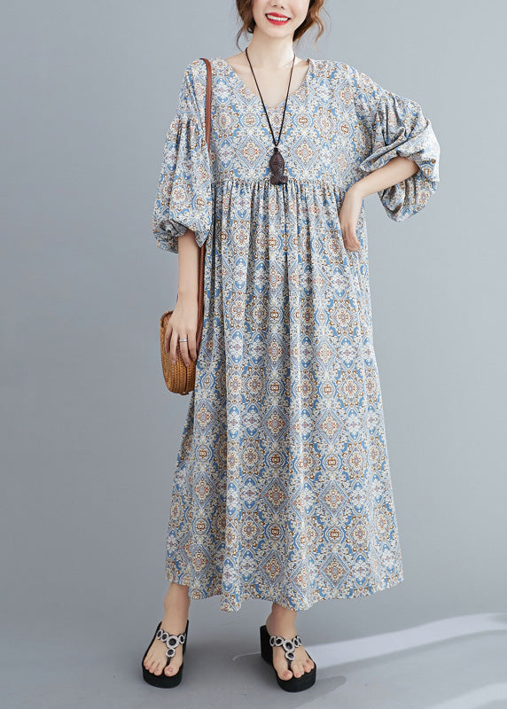 Casual Light Blue Print Wrinkled Long Dresses Lantern Sleeve AC2012