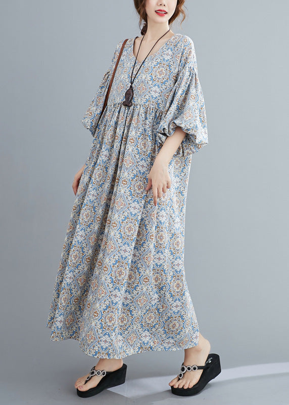 Casual Light Blue Print Wrinkled Long Dresses Lantern Sleeve AC2012