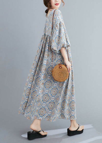 Casual Light Blue Print Wrinkled Long Dresses Lantern Sleeve AC2012