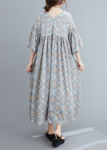 Casual Light Blue Print Wrinkled Long Dresses Lantern Sleeve AC2012