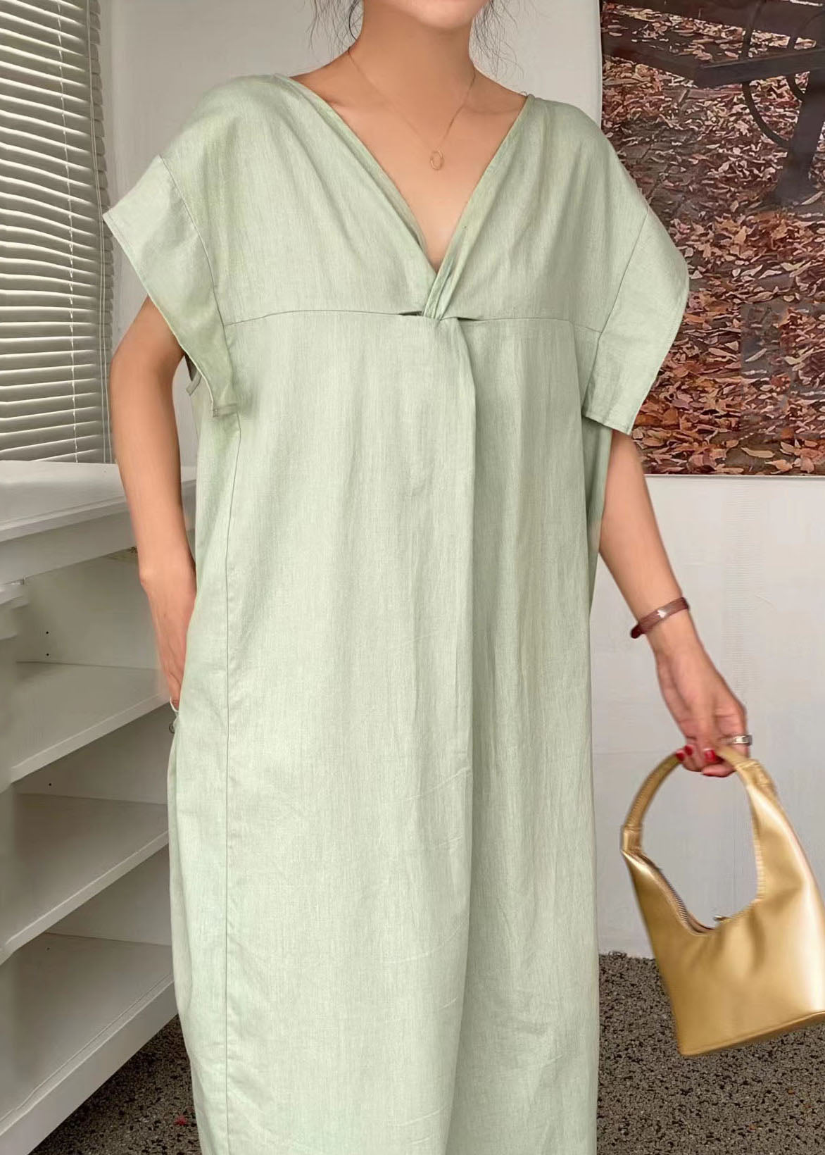 Casual Light Green V Neck Wrinkled Patchwork Cotton Dresses Summer LY1337