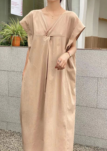 Casual Light Green V Neck Wrinkled Patchwork Cotton Dresses Summer LY1337