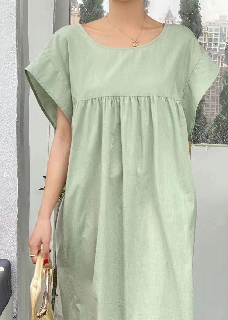 Casual Light Green V Neck Wrinkled Patchwork Cotton Dresses Summer LY1337