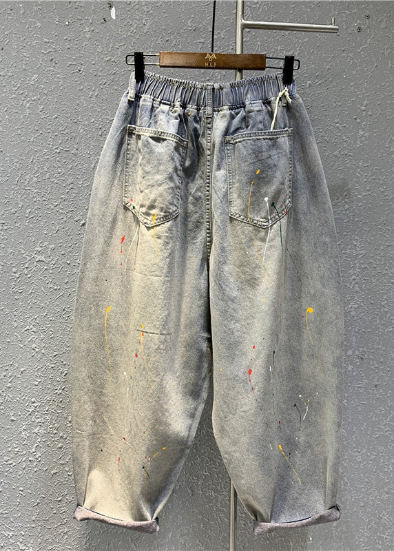 Casual Light Grey Print Patchwork Crop Lantern Jeans TY1035