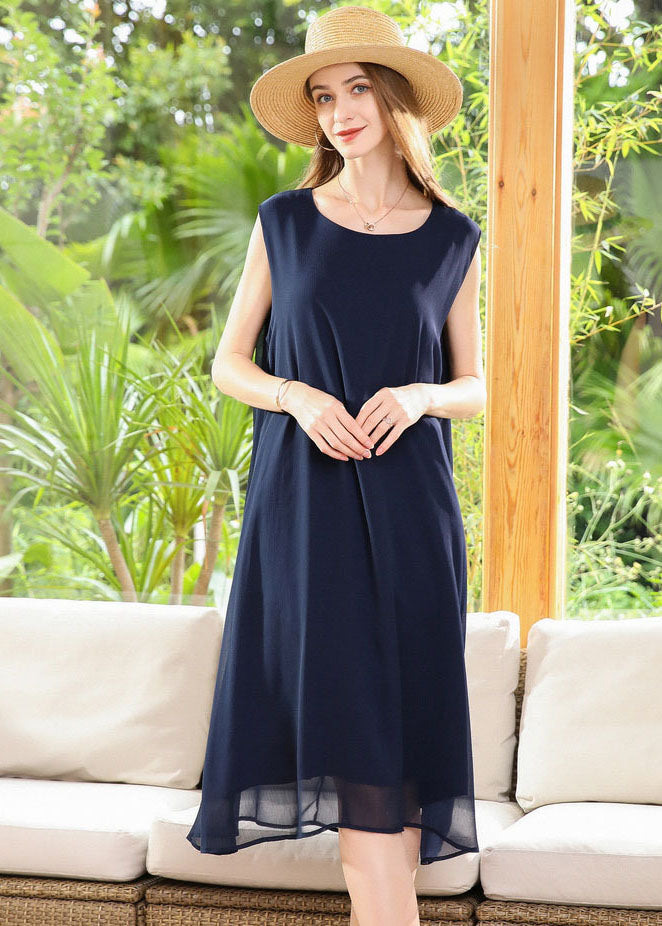 Casual Navy O-Neck Oversized Chiffon Long Dress Sleeveless LY0258