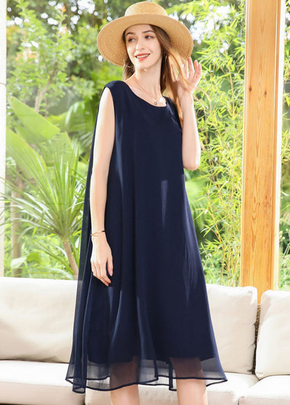 Casual Navy O-Neck Oversized Chiffon Long Dress Sleeveless LY0258