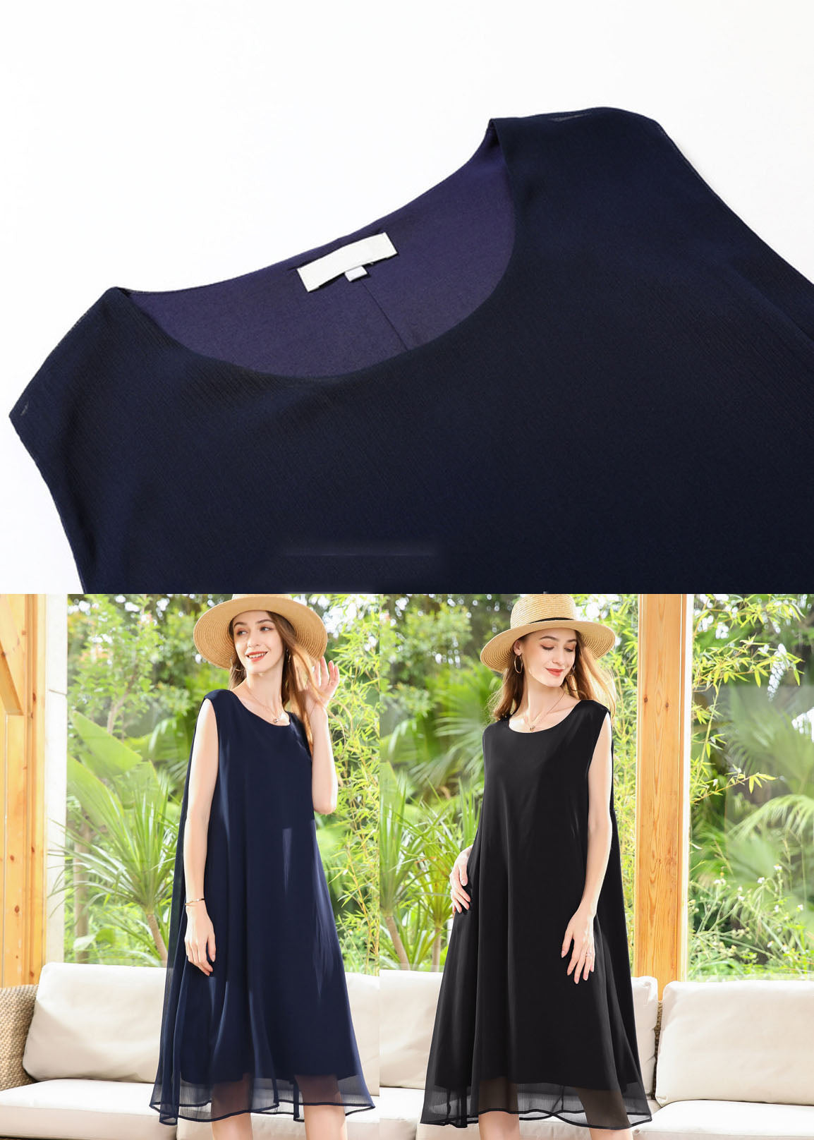 Casual Navy O-Neck Oversized Chiffon Long Dress Sleeveless LY0258