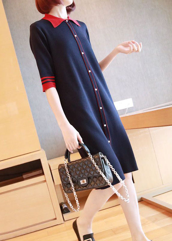 Casual Navy Peter Pan Collar Button Knitted Dresses Half Sleeve LY1445