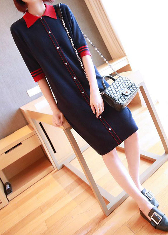 Casual Navy Peter Pan Collar Button Knitted Dresses Half Sleeve LY1445