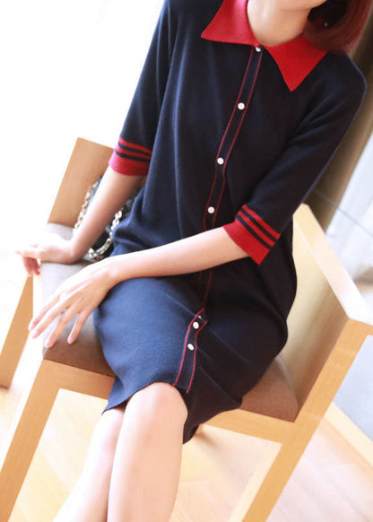 Casual Navy Peter Pan Collar Button Knitted Dresses Half Sleeve LY1445