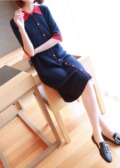 Casual Navy Peter Pan Collar Button Knitted Dresses Half Sleeve LY1445