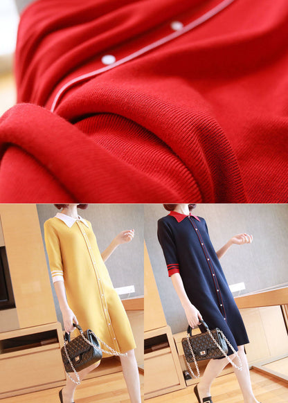 Casual Navy Peter Pan Collar Button Knitted Dresses Half Sleeve LY1445