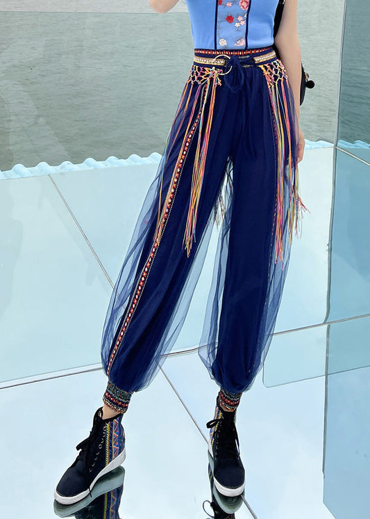 Casual Navy Print Embroideried Elastic Tulle Beam Pants Summer LY0195