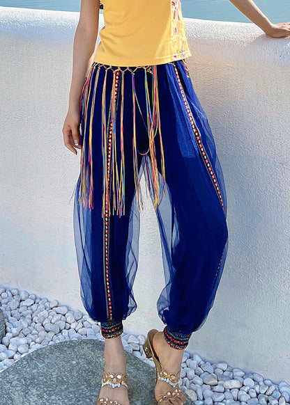 Casual Navy Print Embroideried Elastic Tulle Beam Pants Summer LY0195