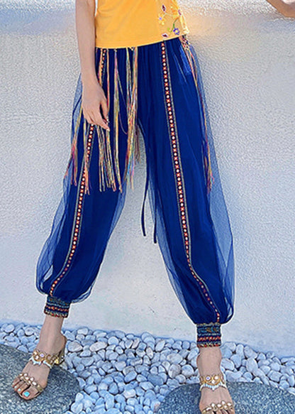 Casual Navy Print Embroideried Elastic Tulle Beam Pants Summer LY0195